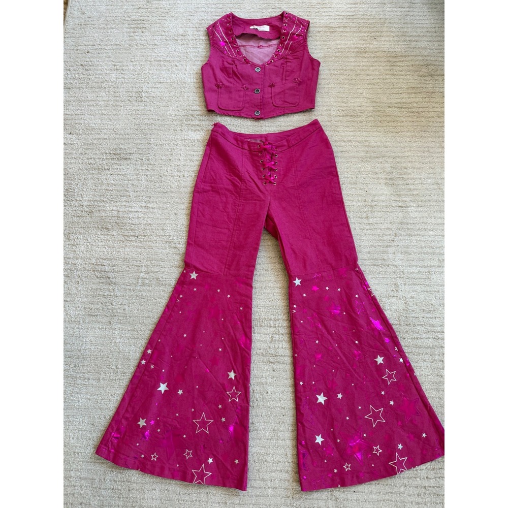 Fuchsia Barbie Pink Star-Embellished Two-Piece Crop Vest & Flared Pants Set